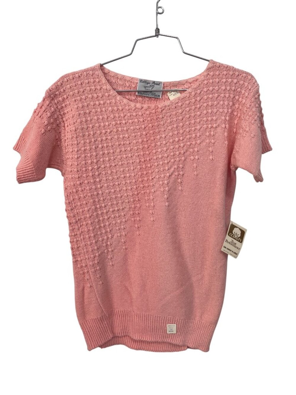 Vintage 90s College Point Sweater Medium Textured Knit Pink Cotton Deadstock NEW